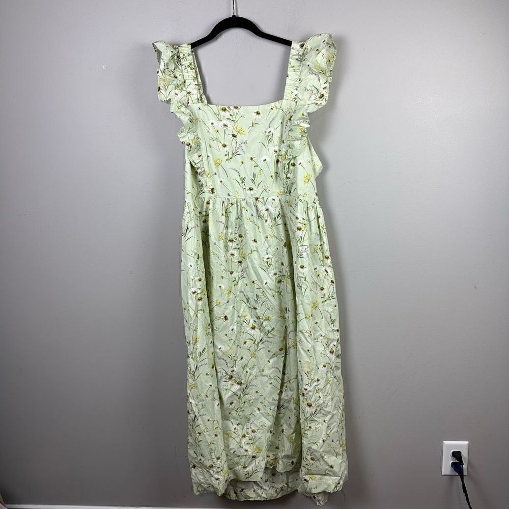 H&M Wildflower Meadow open back Poplin Light Green Floral midi Dress - Picture 4 of 12